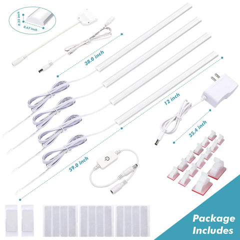 Four Pack Cold White LED Shelf Lights With Memory Function, 12 Inch Plug In Under Cabinet Lighting kit components and accessories