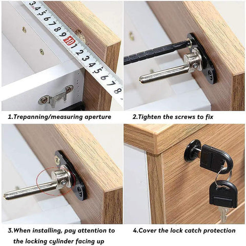 Installation guide for Top Shelf Heavy Duty Black Metal Locks For Desk And Cabinet Keyed Alike Set with steel keys.
