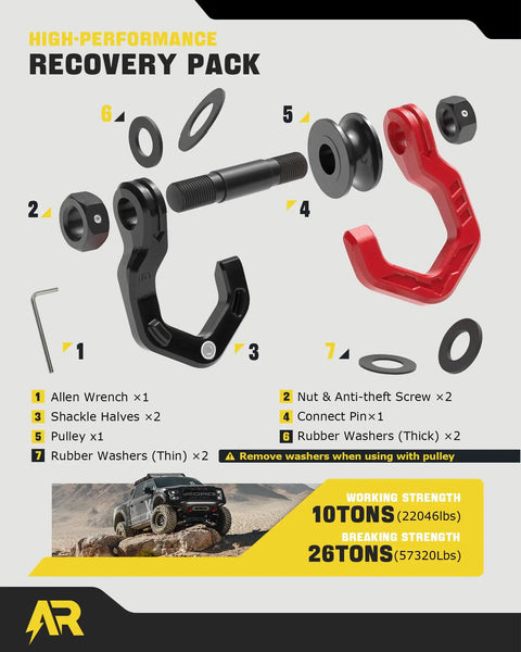 Beefy Heavy Duty Snatch Block And D Ring Shackle Two In One Recovery Tool For Off Road Vehicle Towing Winch With Three Quarter Inch D Ring Pulley And Break Strength 57320 Lbs Red And Black One Pack exploded view with washers, pin, and pulley