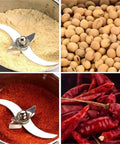 Electric Grain Grinder Mill With Swing Open Chamber For A Fast Grind On Dried Grains Beans Spices Herbs And Cereal In Your Home Kitchen with ground grains, dried beans, ground spices, and dried red chilies.