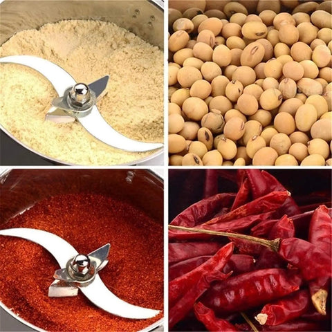 Electric Grain Grinder Mill With Swing Open Chamber For A Fast Grind On Dried Grains Beans Spices Herbs And Cereal In Your Home Kitchen with ground grains, dried beans, ground spices, and dried red chilies.
