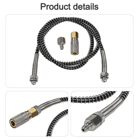 Heavy Duty High Pressure Air Hose With 9000 PSI Rating And Stainless Steel Braid, showing quick connect couplers and spiral design.