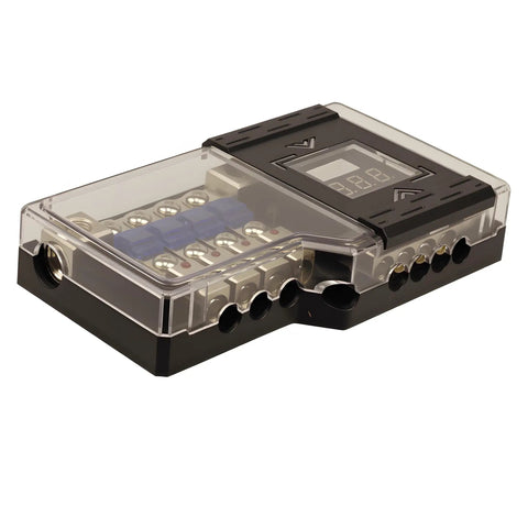4 Way Mini ANL Fused Car Audio Power Distribution Block With Ground Block Each Block Accepts 0, 2, Or 4 Gauge In And 4 Or 8 Gauge Out Digital LED Voltage Display Includes clear cover and four 60A fuses