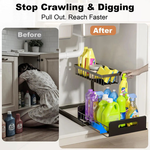 Before and after of L Shaped Under Sink Organizer 2 Tier Pull Out Cabinet Drawer With Sliding Shelves Metal Under Sink Storage