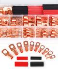 Copper wire lug and terminal connector kit in clear storage box with red and black heat shrink tubing.