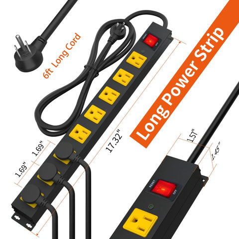 Built Tough Heavy Duty 8 Outlet Power Strip With 2100J Surge Protector, 6 Ft Cord, Wide Spaced Outlets, Wall Mountable Metal Power Strip For Home Office, Garage, And Workshop With Auto Shutdown Fuse, black metal strip with yellow outlets