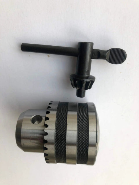 Kickass Heavy Duty Drill Press Chuck 1/32 To 1/2 Inch JT33 Taper Mount With Key, showing steel chuck with key.