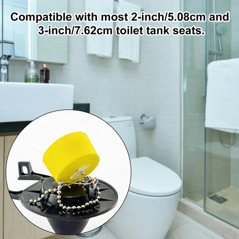 Close-up of Three Pack Toilet Tank Flapper Replacement Kit with EVA Foam Buoy Floats and universal fit illustration in bathroom.