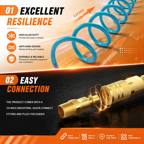Image showcasing Heavy Duty 1/4 Inch X 25 Foot Blue Coiled Air Hose Quick Connect Coupler with durable polyurethane material.