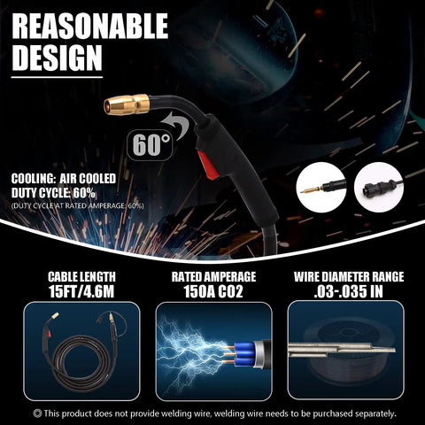 15 Foot M-150 MIG Welding Gun Replacement for Miller Millermatic Series and Hobart IronMan 210 Stinger Torch, Heavy Duty Pro Grade 150 Amp, Compatible With Millermatic 35 120 130 130XP 135 140s 150 175 180s 185 DVIs