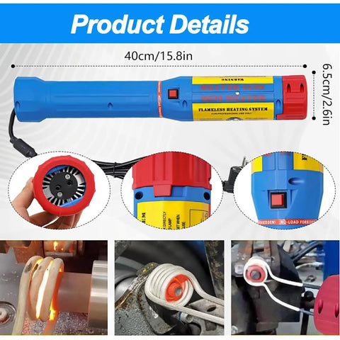 1400 Watt Magnetic Induction Flameless Heater Handheld Wand showing detailed components and usage for seized bolts.