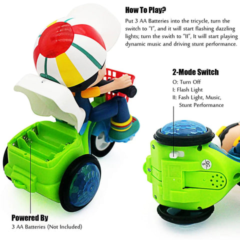 Electric Ride On Tricycle Toy For Baby And Toddler With Music And Luminous Lights For Stunt Performance Cartoon Motorcycle Vehicle Kiddo Friendly Gift For Boys Birthday, rear battery compartment and 2-mode switch