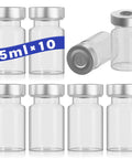 Ten 5ml clear glass injection vials with silver caps; front and side views
