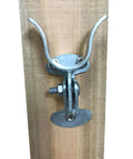 1 3 8 Inch Flat Back Wall Mount Fork Gate Latch For Chain Link Fence Posts installed on wooden post, showing galvanized steel, with screws.
