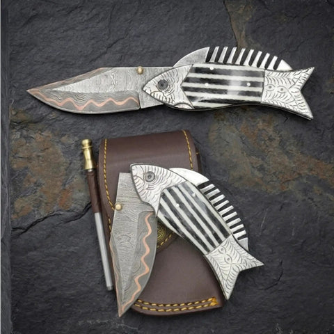 Fish Style Damascus Folding Knife With Ladder Pattern Blade Copper Finish Brass Engraved Handle And Leather Sheath Precision Edge