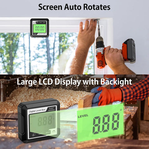 Dang Accurate Magnetic Digital Angle Gauge With Backlit LCD Display and Nifty Protractor Inclinometer in use for carpentry.