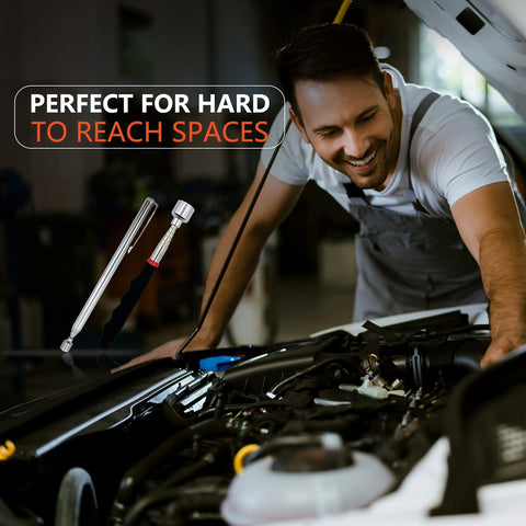 Mechanic using Five Piece Magnetic Pickup Tool Kit With Telescoping Flexible Flashlight Round And Square Inspection Mirrors And Two Magnetic Retrieval Rods Ideal Valentines Day Gift For Him Who Has Everything Stocking Stuffers For Men under car hood
