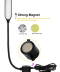 Front view of black LED sewing lamp with flexible gooseneck and magnetic mounting base, power cord