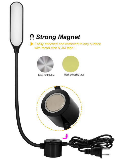 Front view of black LED sewing lamp with flexible gooseneck and magnetic mounting base, power cord