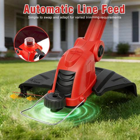 Two In One Cordless Weed Wacker And Lawn Edger With 12 Inch Cut showing automatic line feed in garden