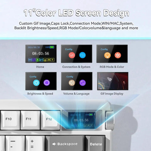 Tri Mode Wireless Mechanical Gaming Keyboard Hot Swap Linear Switches Bluetooth Two Point Four G And Usb C Eight Thousand Mah Battery with 11° color LED screen.
