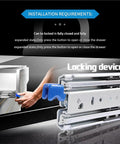 Installation details of Built Tough Heavy Duty Drawer Slides 500 Lbs Capacity Ball Bearing Full Extension with locking devices.