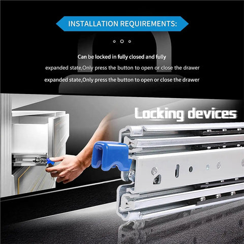 Installation details of Built Tough Heavy Duty Drawer Slides 500 Lbs Capacity Ball Bearing Full Extension with locking devices.