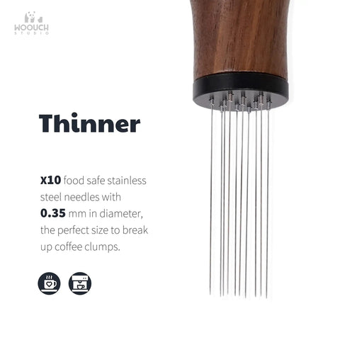 Espresso Distribution Tool With 10 Needles 0.35mm Stainless Steel Natural Ash Wood Handle Removable Needle Design Stand Included