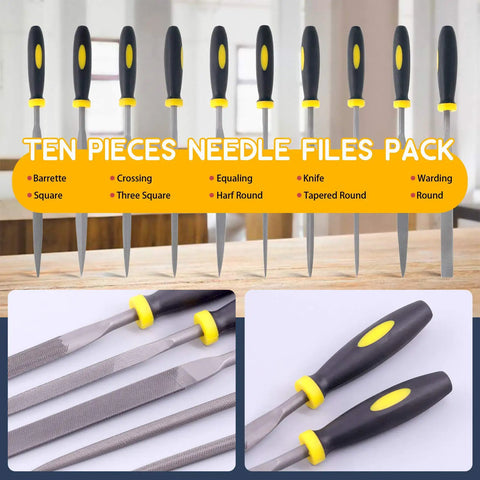 Ten piece needle files pack with assorted shapes, rubber grips, on a wooden table, focus on file types and handles.