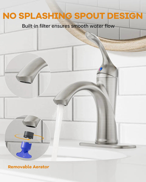 Brushed Nickel Bathroom Faucet With Single Handle For One Hole Vanity Sink Satin Finish, Pop Up Drain, Overflow, Stream Basin Mixer