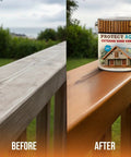 Top Shelf Exterior Wood Stain And Sealant For Decks Fences Pergolas Siding Long Lasting Uv And Water Protection on wooden railing before and after application.