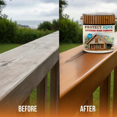 Top Shelf Exterior Wood Stain And Sealant For Decks Fences Pergolas Siding Long Lasting Uv And Water Protection on wooden railing before and after application.