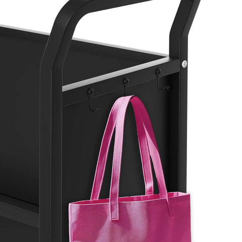 V Shaped Metal Rolling Book Cart With Three Tier Shelves, Side Hooks, Lockable Wheels, black cart with pink bag on hook