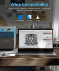 OMTech K40+ 45W CO2 laser engraver on desk with blue-top unit; 12x8 in work area; laptop screen shows vector artwork.