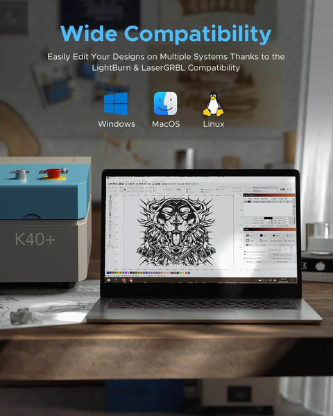 OMTech K40+ 45W CO2 laser engraver on desk with blue-top unit; 12x8 in work area; laptop screen shows vector artwork.