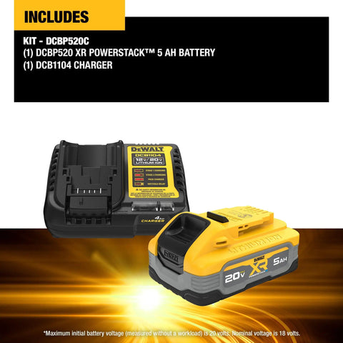 Powerstack 20V Max Battery Starter Kit With Rechargeable 5Ah Lithium Ion Pack and Charger shown on display