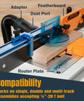 Woodworking setup with a 3 Inch Fence Flip Stop For T Track Systems, router table, dust port, and featherboard in use.