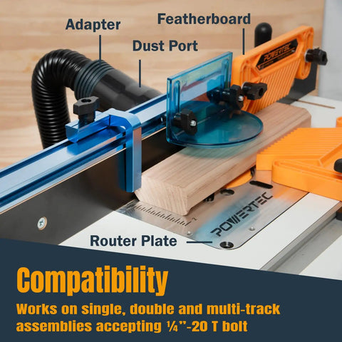 Woodworking setup with a 3 Inch Fence Flip Stop For T Track Systems, router table, dust port, and featherboard in use.