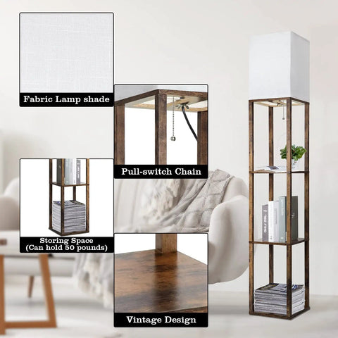 Floor Lamp With Shelves Triple Display 63 Inch Tall Space Saving Standing Corner Light With 3 Color Temperature 8W Bulb Wood Brown Modern Style For Living Room Bedroom Home Office Decor featuring fabric shade and storage space in room setting