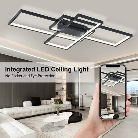 Lit Dimmable LED Ceiling Light With Remote Black Square Flush Mount Fixture 3000K-6500K in modern living room setting