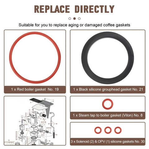 Gasket Repair Kit For Espresso Machines, Silicone O Ring Set With Boiler And Grouphead Gaskets, Replacement Seals For Classic Baby Evolution Twin Espresso Makers, Full Seal Set To Keep Your Brew On Point. Red boiler gasket and black silicone grouphead gasket