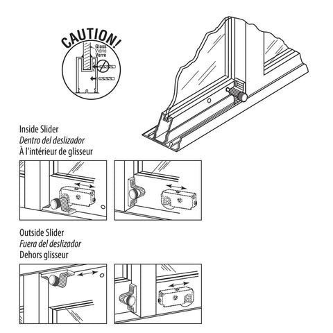 Illustration showing installation of 1 Inch Twist In Sliding Patio Door Lock With Zamac Cast Housing And Aluminum Bolt White Finish Replacement Lock.
