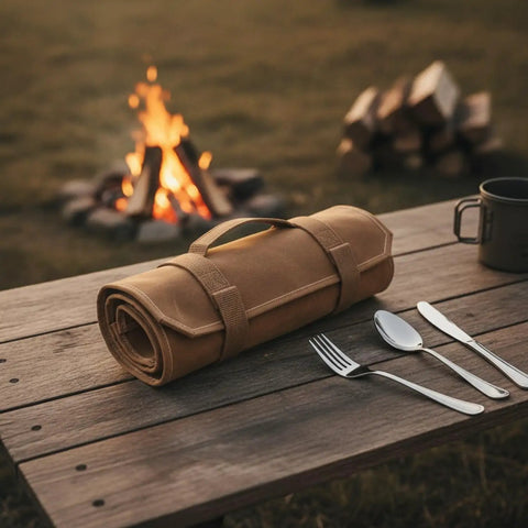 Canvas Cutlery Roll Bag With Handle Portable Knife Storage Case for Camping and Travel, rolled on picnic table near campfire