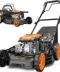 21 Inch Self Propelled Gas Lawn Mower With 170cc Engine 4 In 1 Mulch Bag Side And Rear Discharge Foldable Design 7 Position Cutting Height For Quick Easy Yard Work, highlighting foldable handle and wheels.