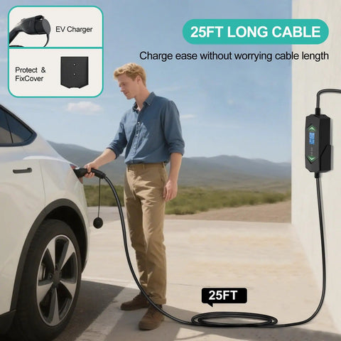 Man using Smooth Operator 40 Amp Level 2 Electric Vehicle Charger featuring 240 Volt Nema 14-50 Plug and 25 foot J1772 cable.