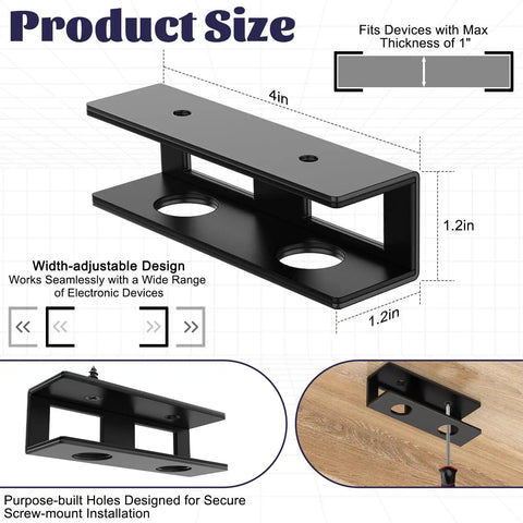 Slick Under Desk Laptop Mount Game Changer For Compact Home Offices Featuring Adjustable Three Piece Brackets That Frees Up Legroom Includes Anti Slip Felt Backing To Guard Your Rig, showcasing product dimensions and features.