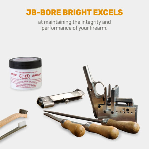 J B Bore Bright Gun Cleaner Solvent Oil Paste for Copper Lead and Powder Residue Removal Gunk Busting Dual Action Bore Cleaner and Final Polish Gunsmithing Maintenance 2 oz Jar, jar with barrel tools