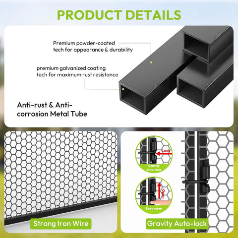 Close-up of Heavy Duty Predator Proof Metal Chicken Run With Cover And Swing showing anti-rust metal tubes and locking mechanism.