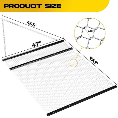 Diagram showing dimensions of Beefy 4x5 Foot Drag Harrow For ATV And UTV With Rust Resistant Chain Field Leveler, 4x5 ft product size details.