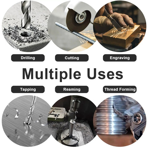 Image showcasing multiple uses of metalworking including drilling, cutting, engraving, tapping, reaming, and thread forming.